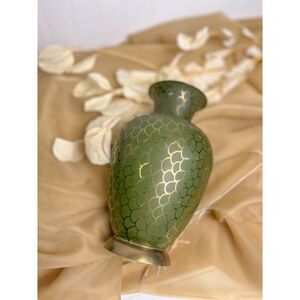 Brass vase with green scalloped details‎